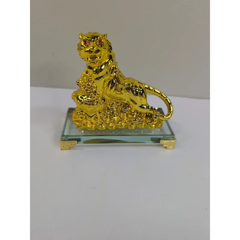 Feng Shui Gold tiger on Glass base‎ statue home decor